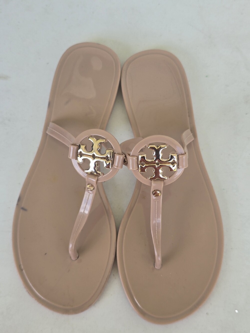 Tory Burch Mini Miller Nude Blush Jelly Thong Sandals Gold Logo Size 7